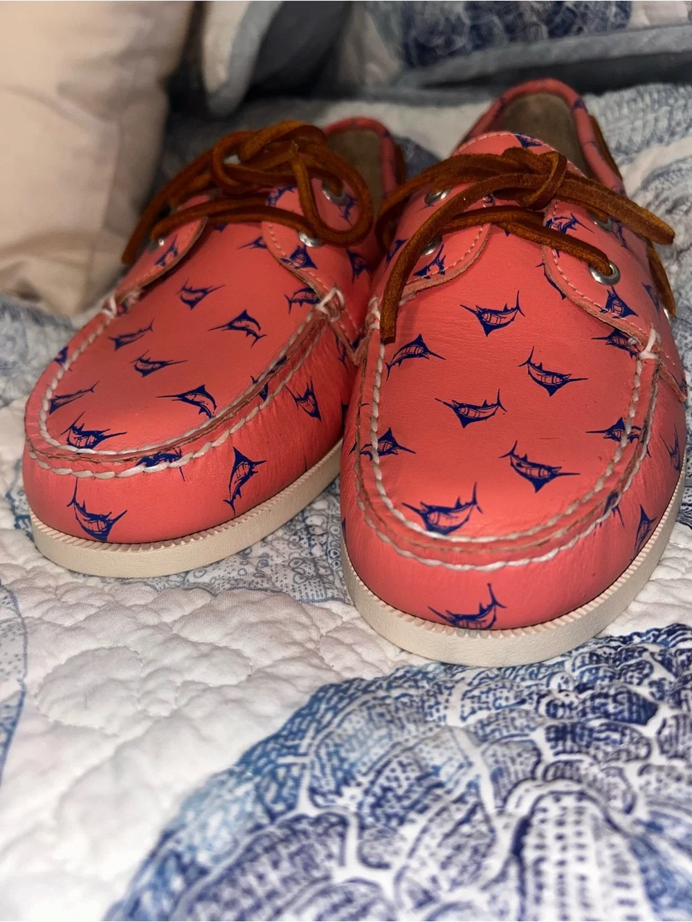 Froats coral with blue sailfish Printed Leather Boat Loafers with Brown Laces